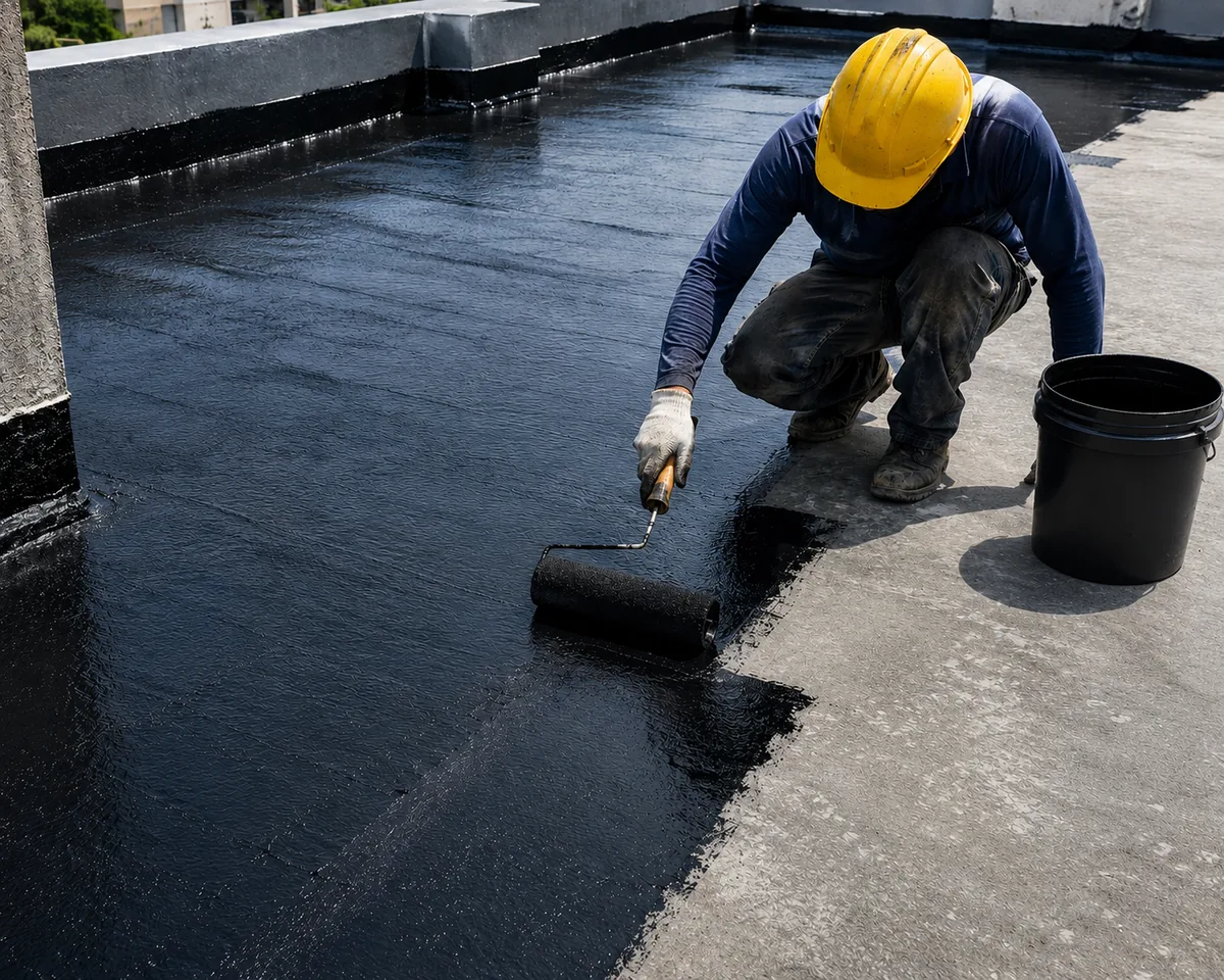 Liquid waterproofing coating being applied
