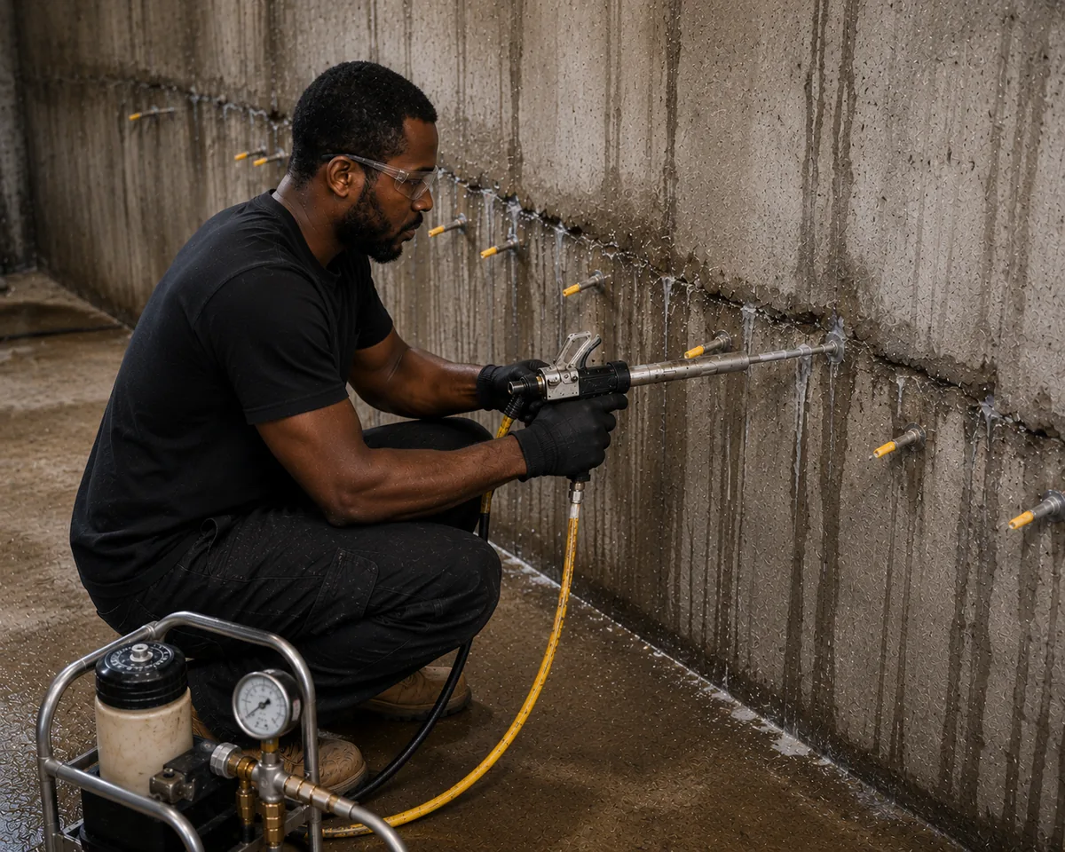 Injection waterproofing along a damp wall