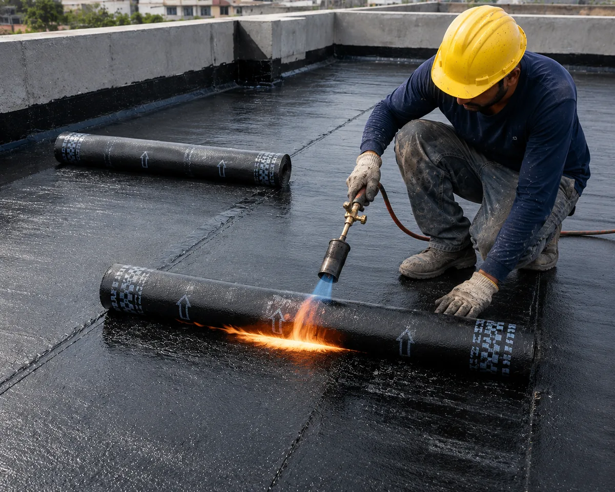 Torch-on waterproofing membrane being applied