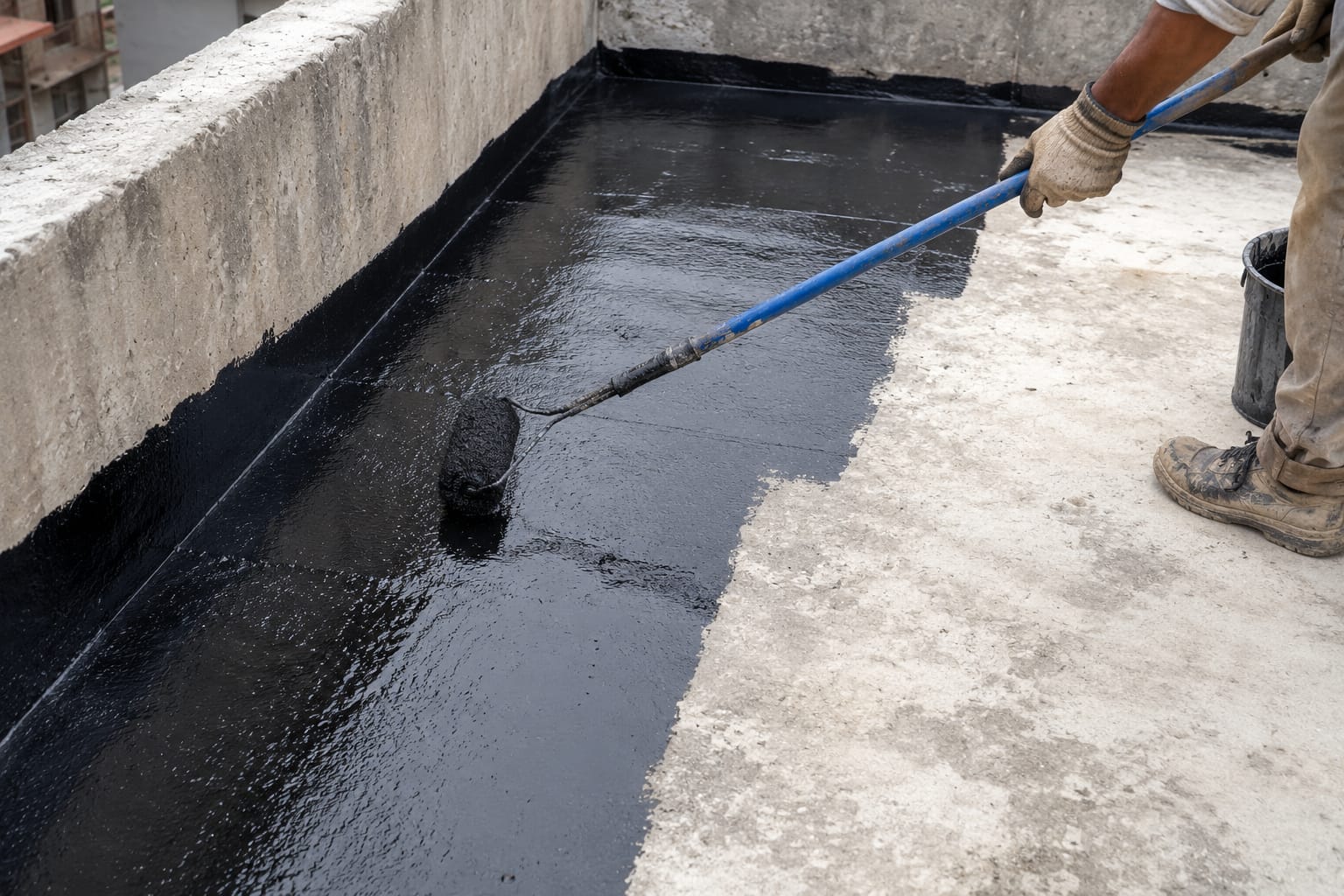Cold-applied bituminous waterproofing coating rolled onto concrete