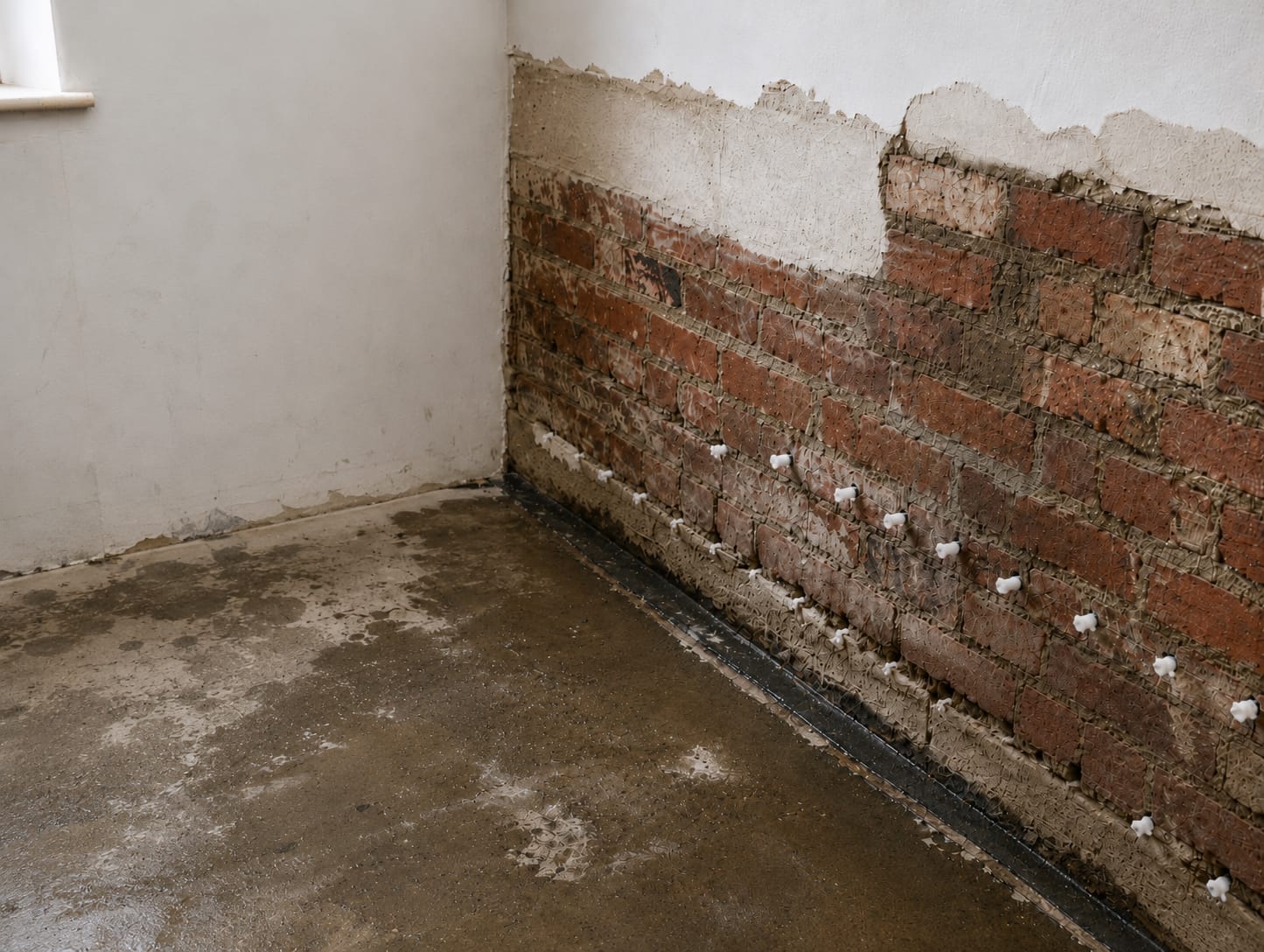 Injection waterproofing plugs installed in a damp brick wall